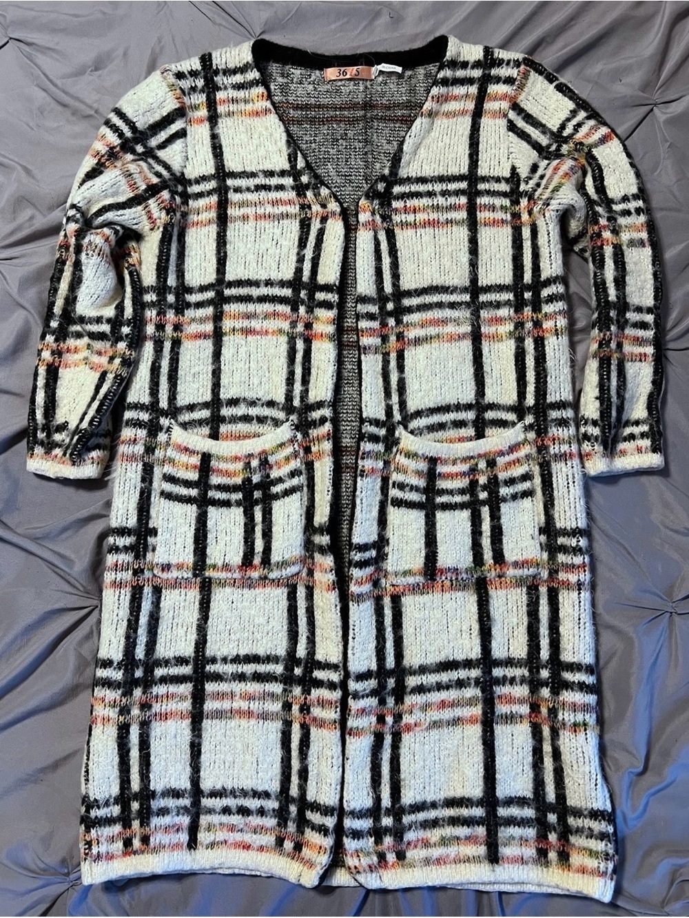 36 Point 5 Plaid Long Knit Cardigan with Pockets